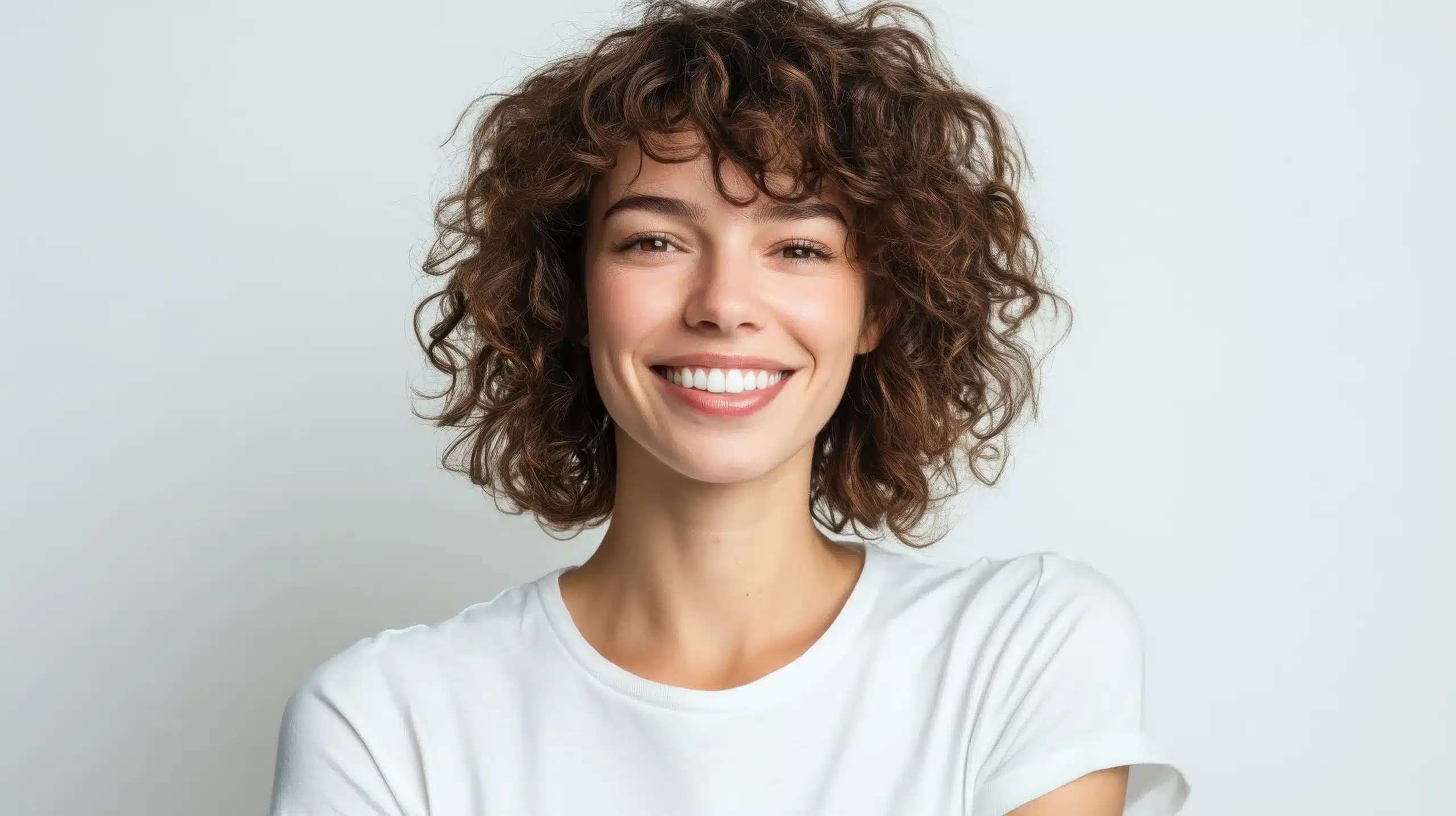 A confident woman smiling naturally after advanced cosmetic dental treatment with veneers and Invisalign